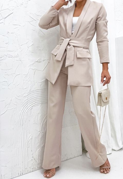 Garnitur damski marynarka żakiet szerokie spodnie wiązany komplet 38 M