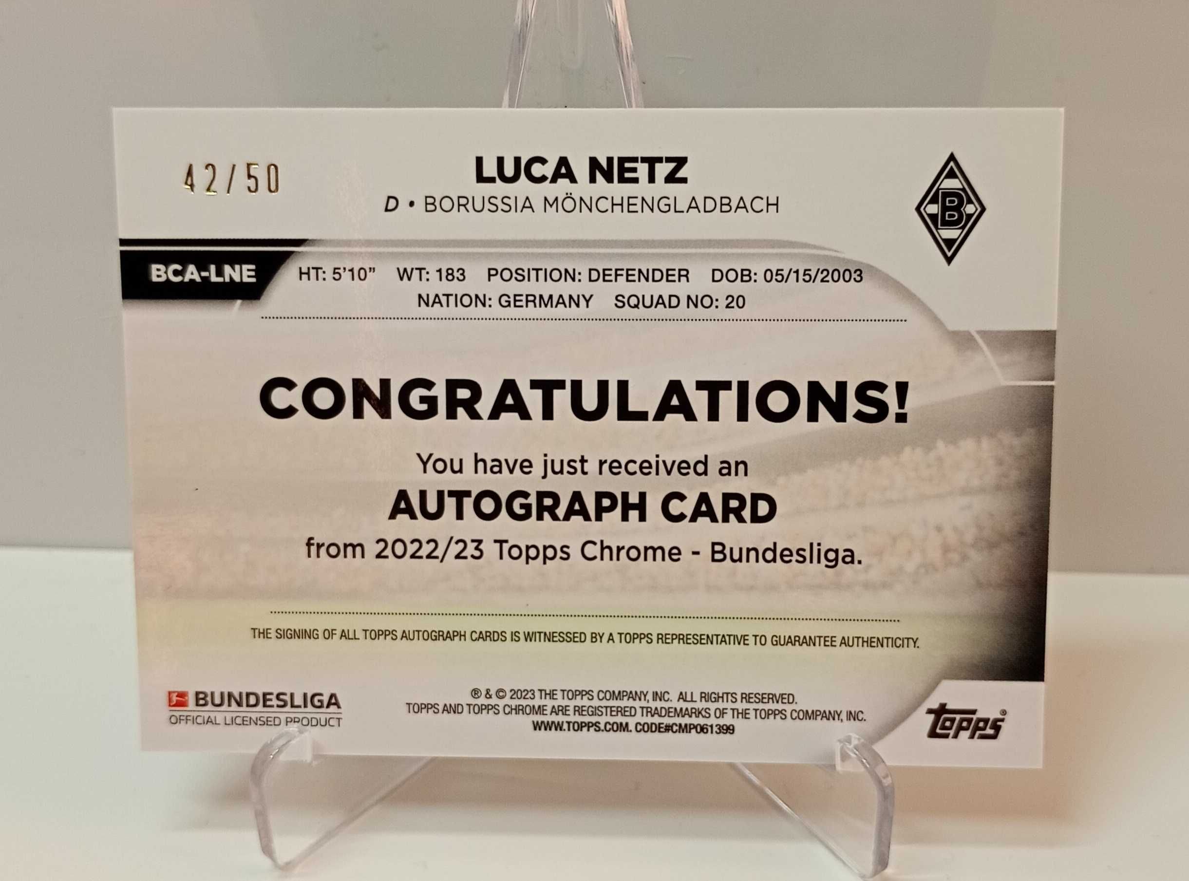 Luca Netz Borussia M. karta autograf Topps Chrome Bundesliga 2022/2023