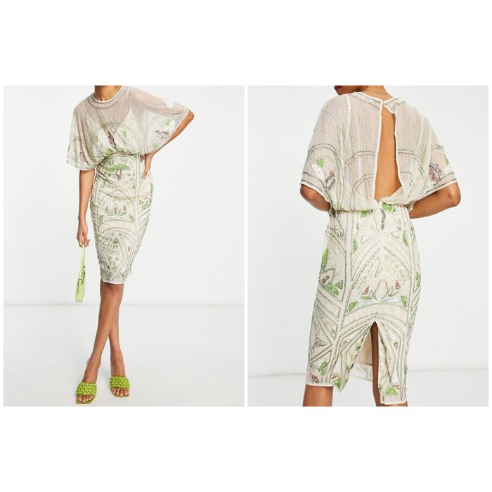 Cekinowa sukienka midi haftowana kwiaty 32 xxs 34 xs asos luxe