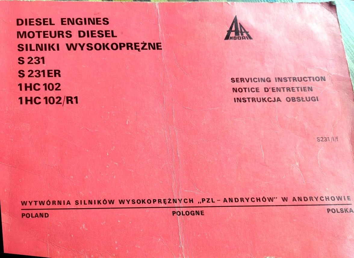 Instrukcja obsługi silnika Andoria S 231  S 231AR  i silnika 1 HC102.