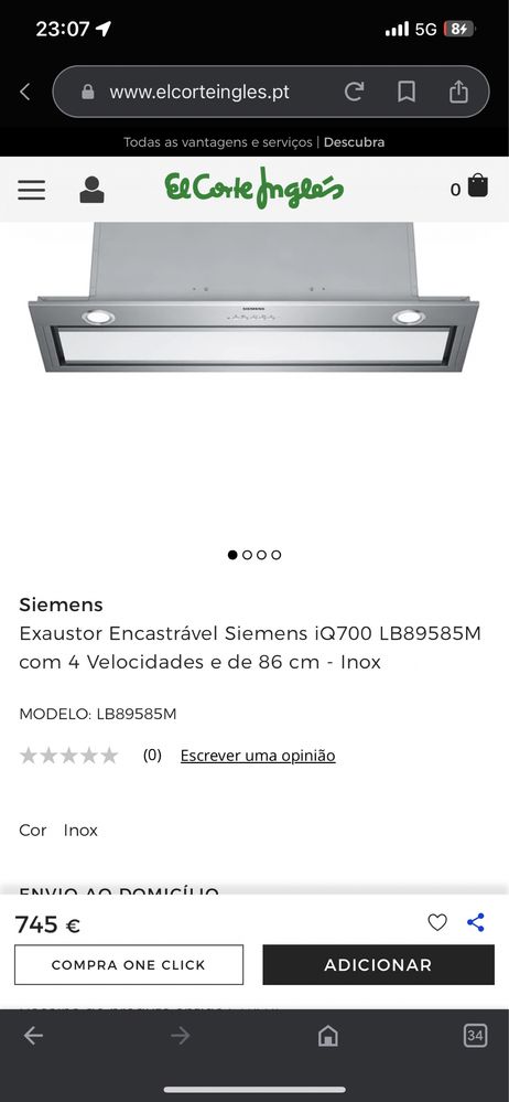 Exaustor de  Encastrar Siemens iQ700 LB89585M com 4 Velocidades e de 86 cm - Inox ( novo)