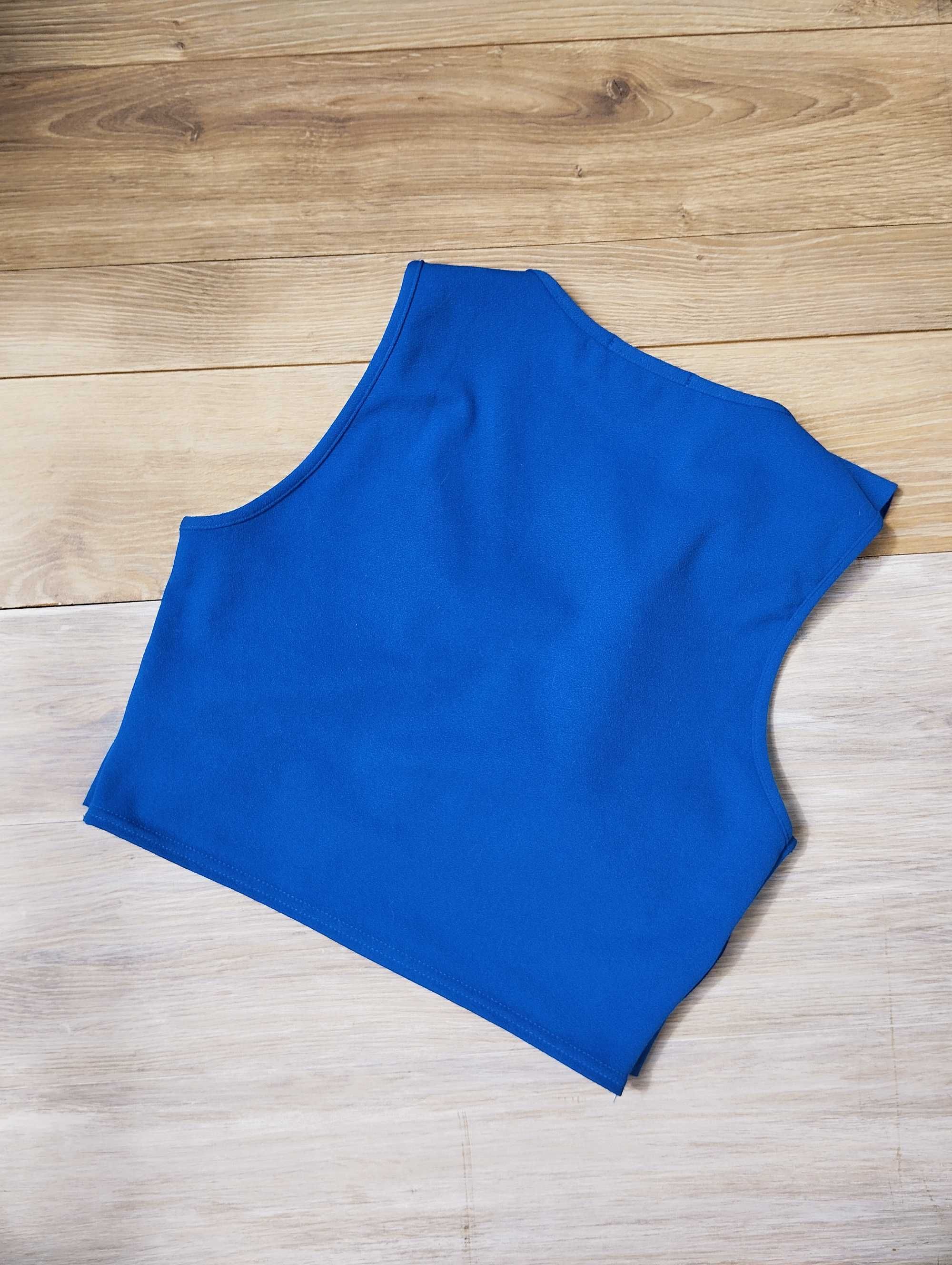 chabrowy crop top XL L M falbanki bez rękawów kobalt granat elastyczny