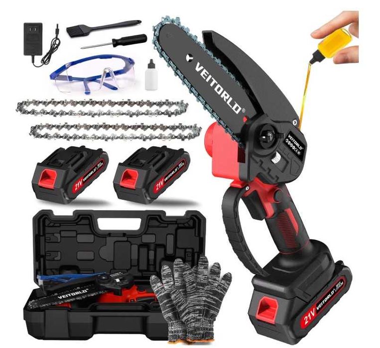 Mini piła łańcuchowa, akumulatorowa 2x2Ah, ze smarowaniem + akcesoria