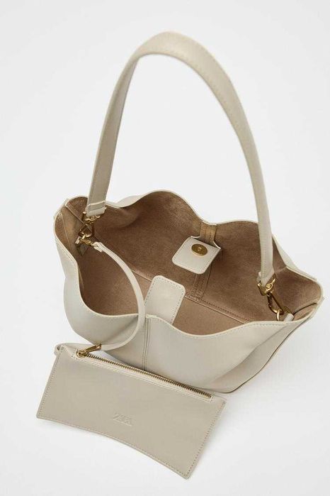 Torebka ZARA ecru kremowa mała 6204/610 TORBA SHOPPER Z MARSZCZENIAMI