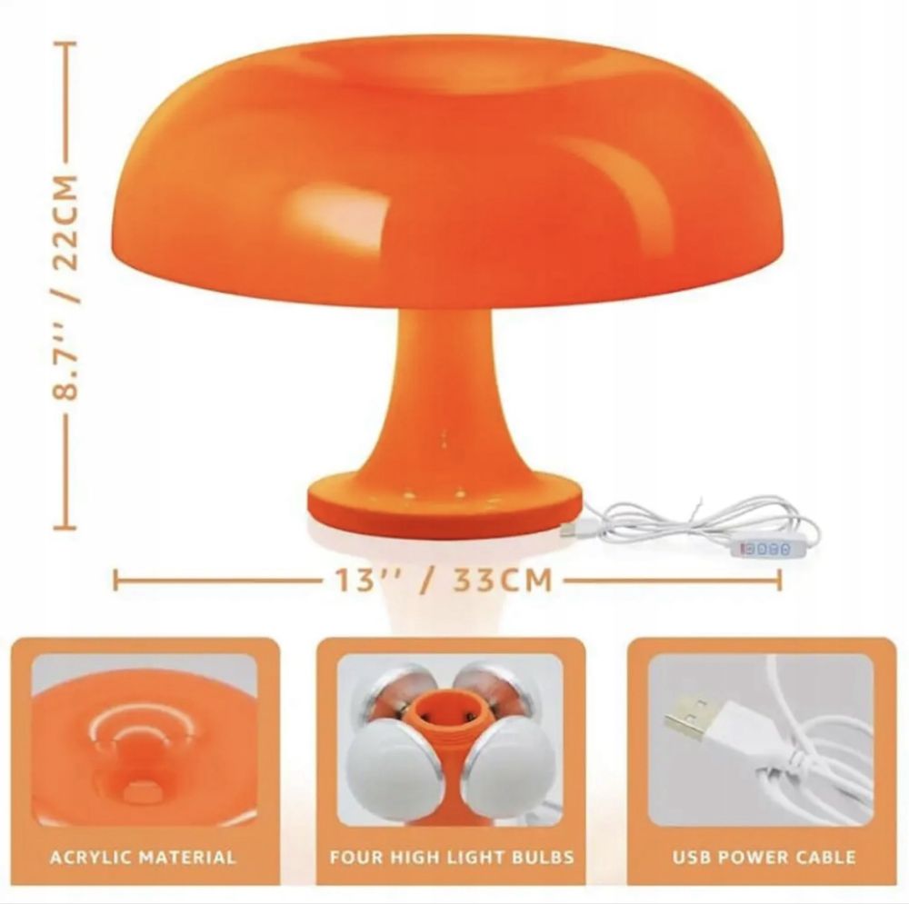 Designerska, pomarańczowa lampa stołowa 3 temperatury światła 33x22 cm
