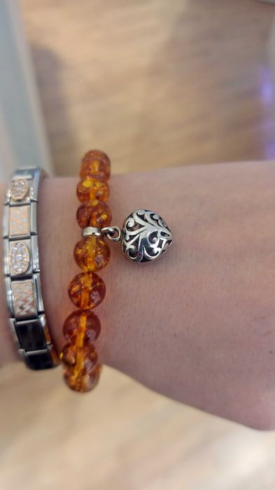 Bransoletka damska z serduszkiem, naturalny bursztyn KULKI srebro NOWA