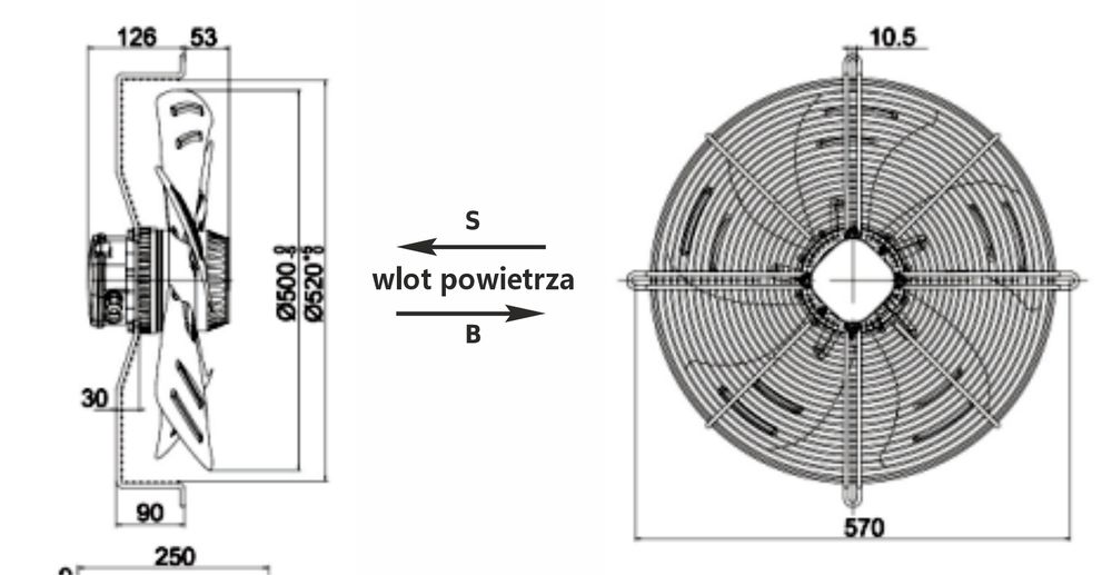 Wentylator na siatce TKA 630 AC 230V do kurnika, lakierni, przemysłu