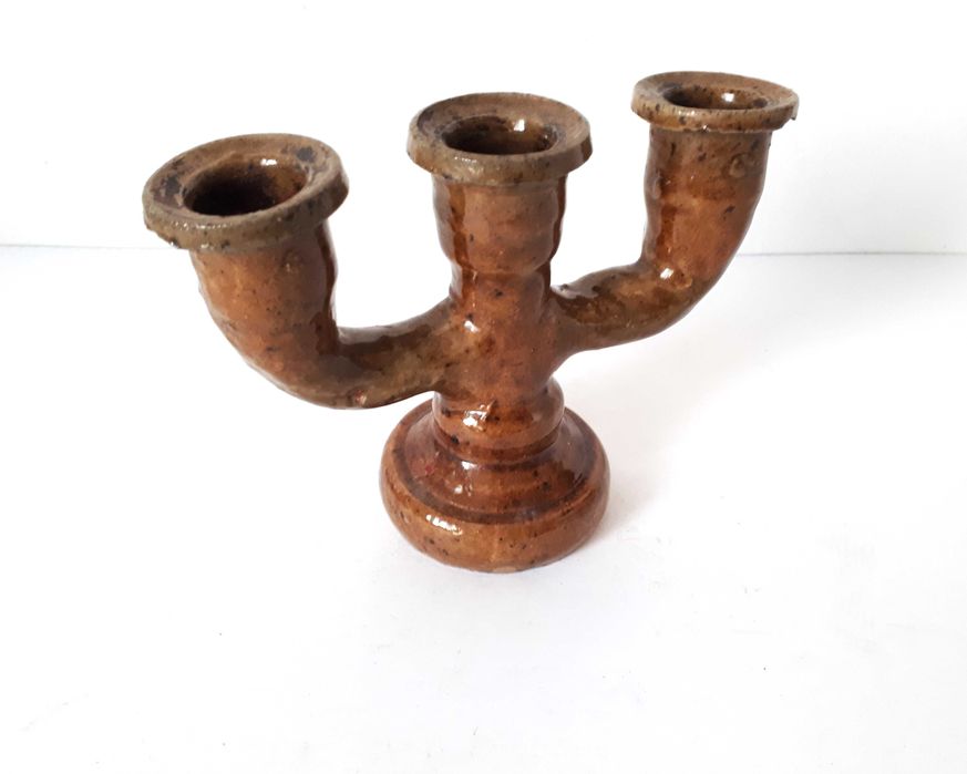 świecznik ceramiczny Iłża Chałupnik Cepelia trójramienny vintage