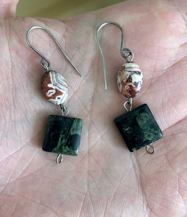 Srebrne Kolczyki Wiszące Agat Koronkowy i Jaspis Kambaba