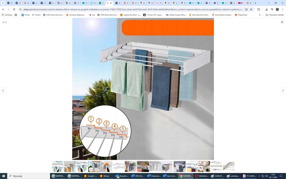 Suszarka ścienna, składana, 80CM, wisząca, na balkon, do łazienki O214