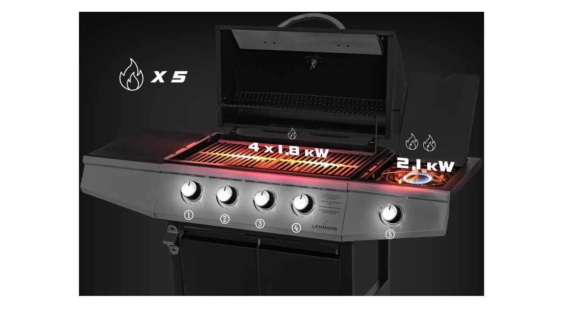 Grill gazowy ogrodowy żeliwny ruszt Lehmann Ohio 4+1