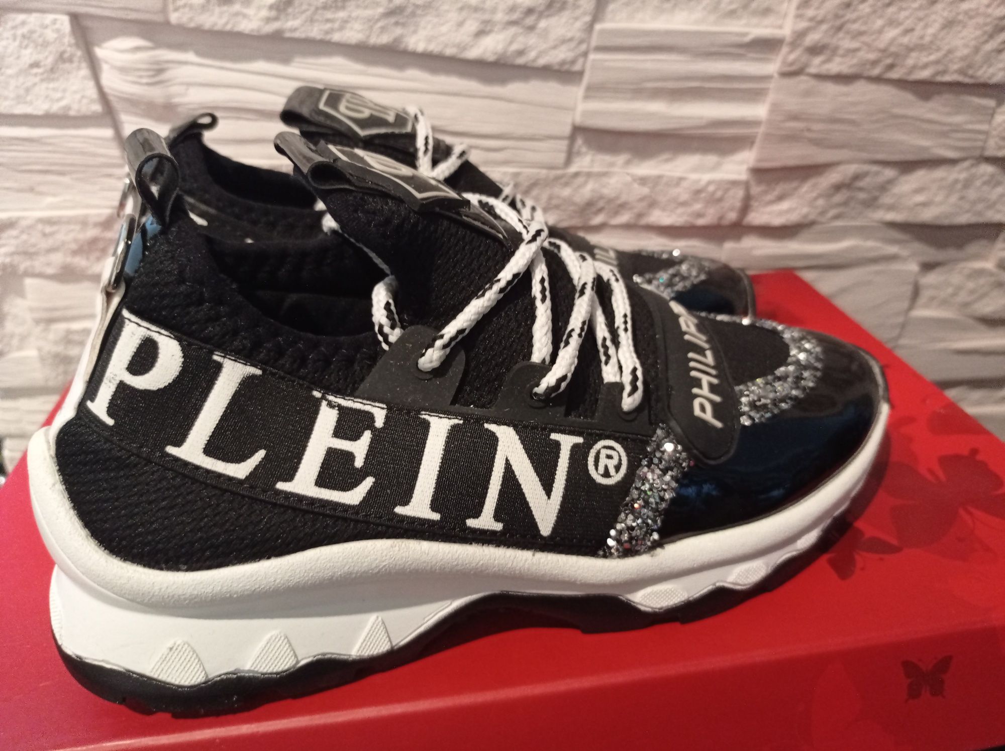 Czarno-białe buty sportowe Philipp Plein 38 błyszczące