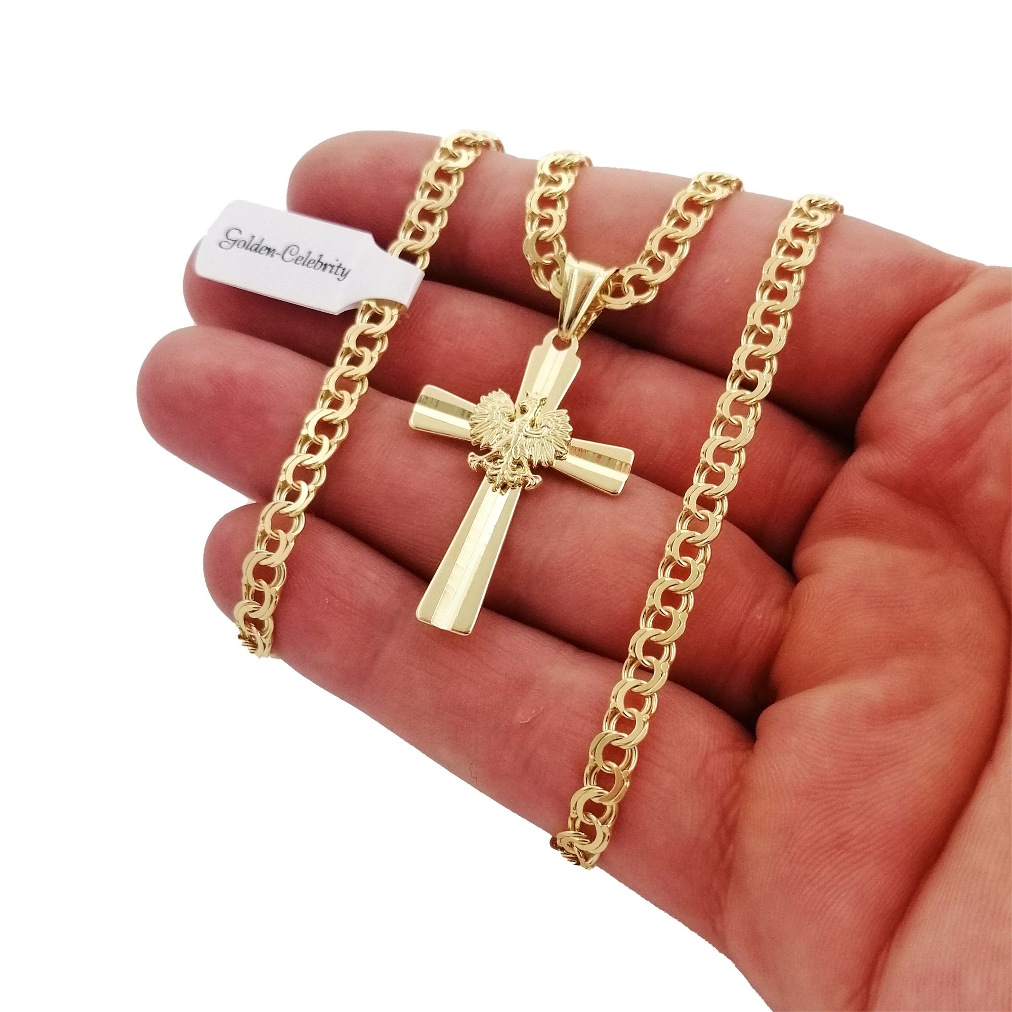 Elegancki Złoty Łańcuszek + Zawieszka Krzyż 925/585 Na Chrzest + Grawe