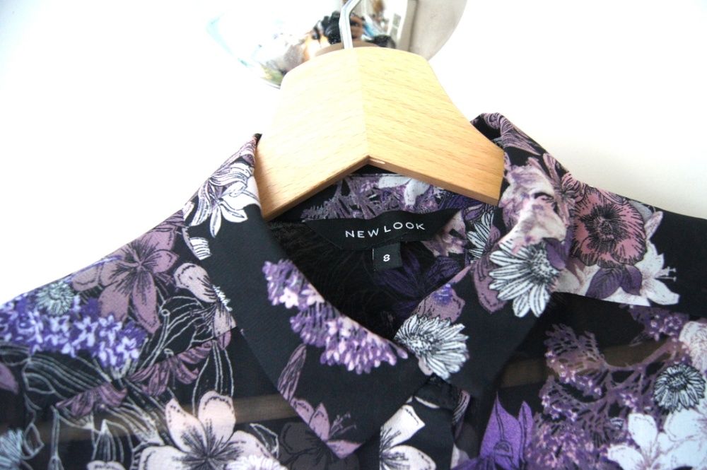 New Look 36 S czarna fioletowa kwiecista długa koszula mgiełka bluzka