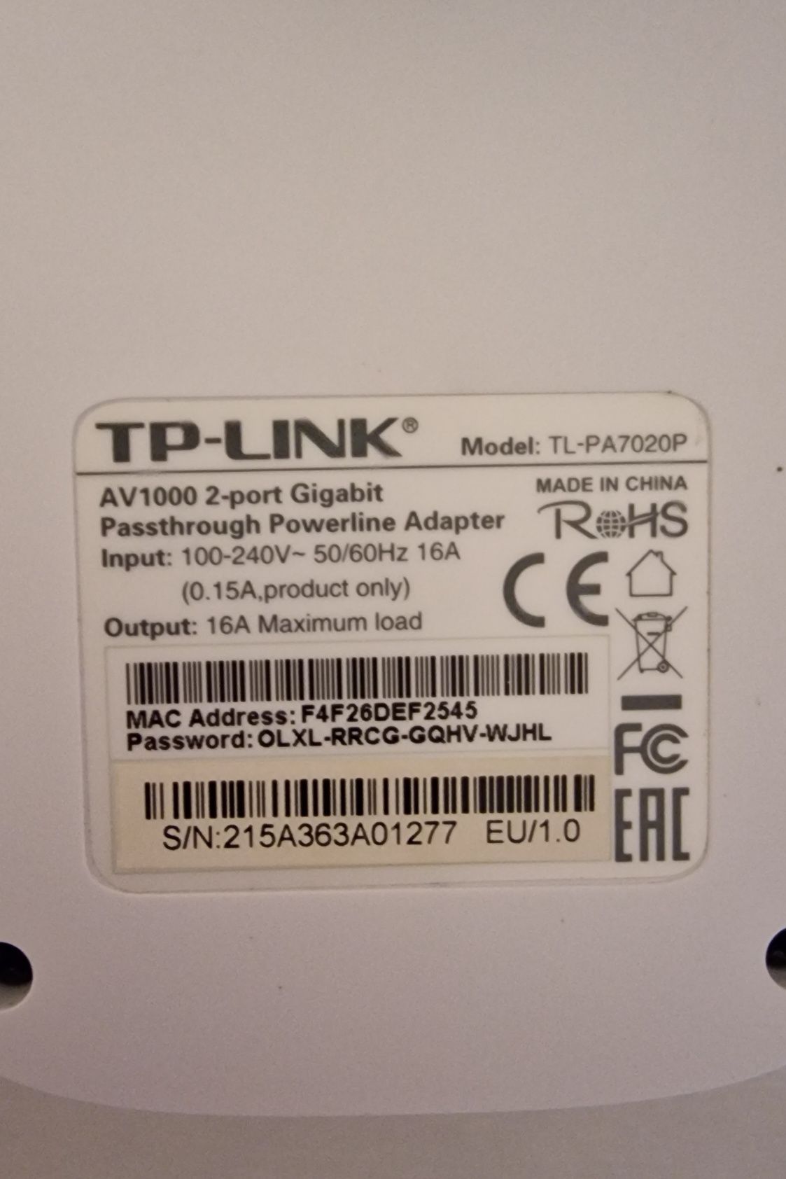Powerline TP-LINK Model: TL-PA7020P AV1000 2-port Gigabit