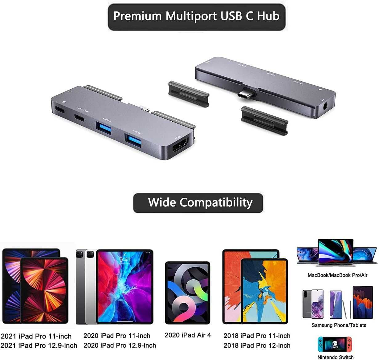 Hub, Adapter USB-C 6w1 z HDMI 4K, audio 3.5mm, 2x USB 3.0, PD i SD