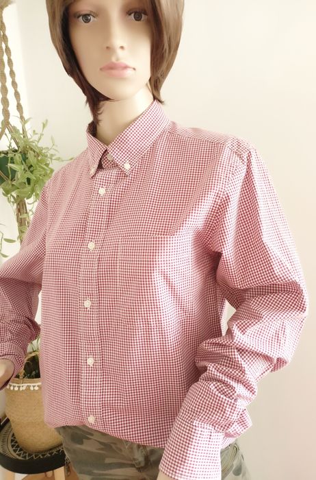 Koszula unisex w biało-bordową drobną kratkę Uniqlo 100% bawełna