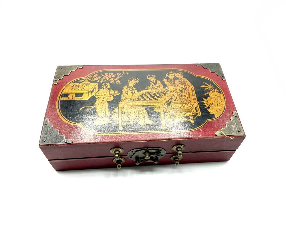 Jogo xadrez chines em caixa lacada oriental antiga