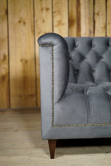 Sofa Kanapa Na Wymiar Chesterfield + Pufa Popiel Szara Retro PRL Loft