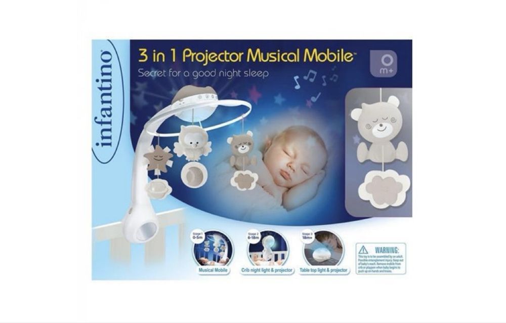 Музыкальный мобиль на кроватку Infantino 3 в 1, с проектором, серый