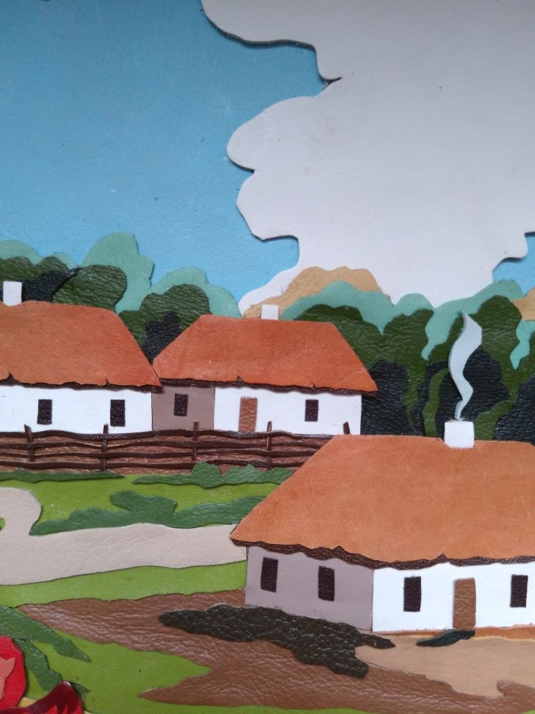 Объемная картина из кожи "Весеннее село"