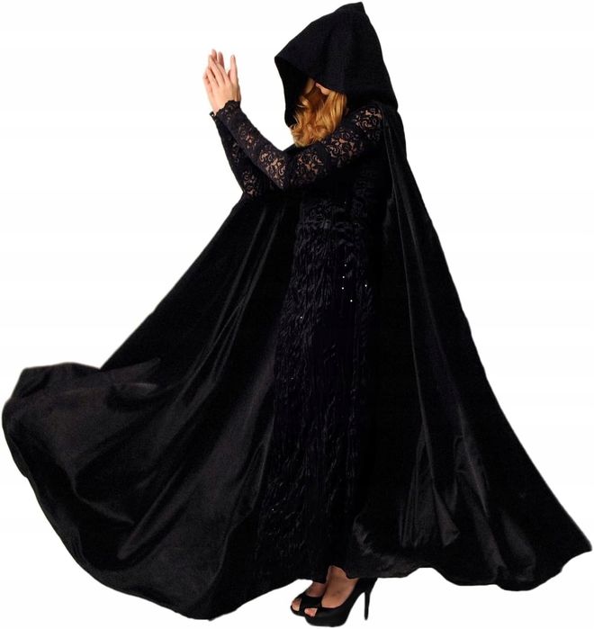 Peleryna Płaszcz Z Kapturem Karnawałowy Unisex Satynowy Czarny