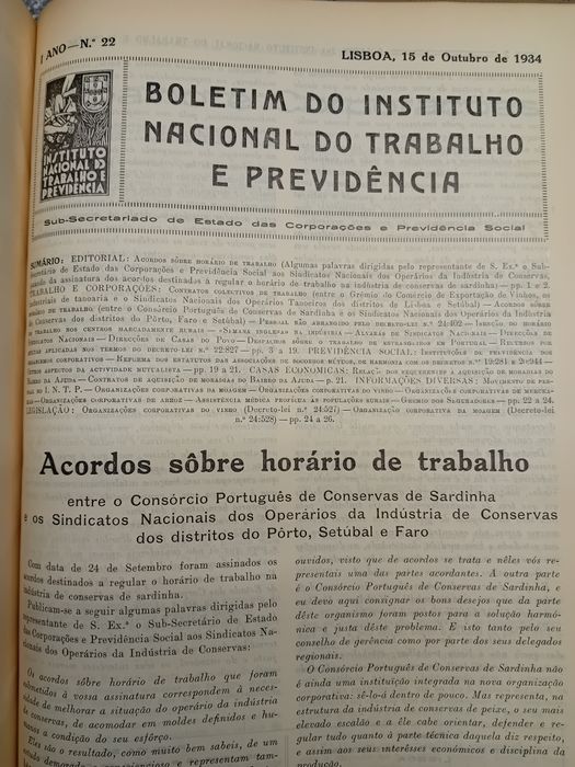 Boletim do Instituto Nacional do Trabalho e Providência " Estado Novo