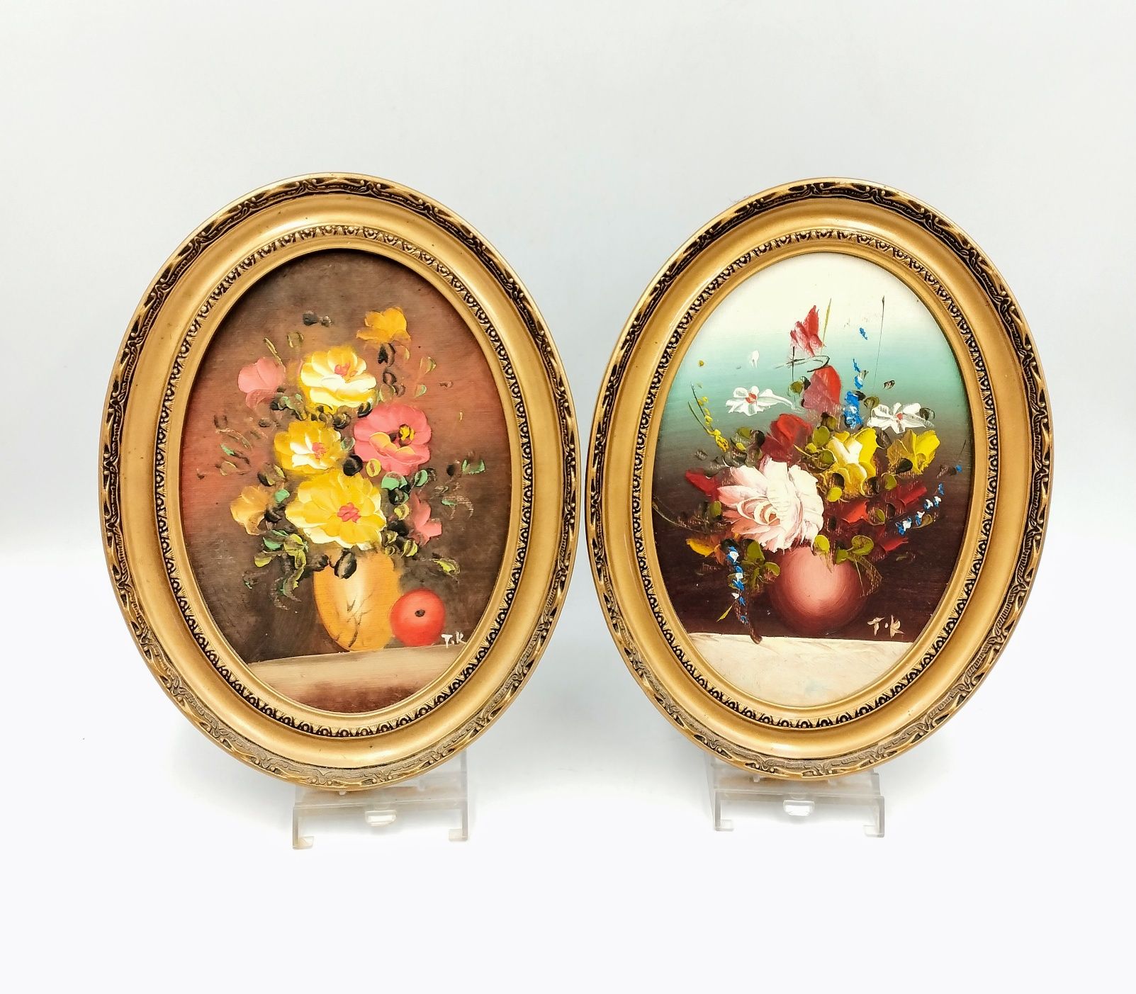 Obrazki obrazy olejne malowane owalne retro vintage kwiaty bukiet