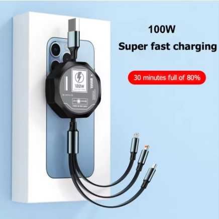 3 W 1 chowany kabel Usb 100W szybkie ładowanie i transfer danych.