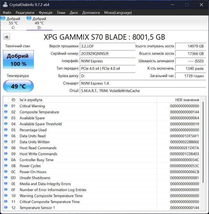 SSD M2 накопичувач 8 TB | ADATA XPG Gammix S70 Blade