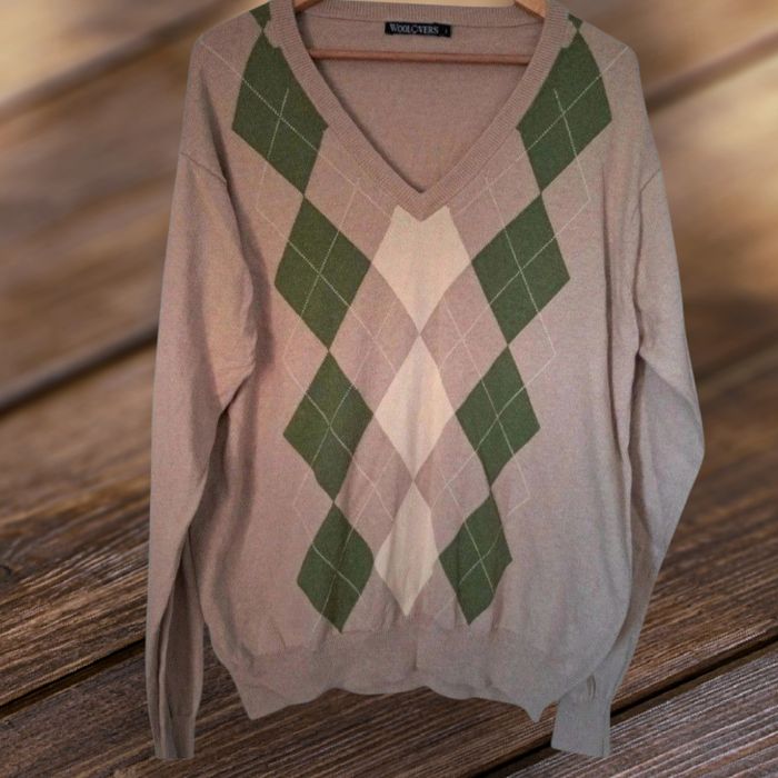 Sweter beżowy męski w serek bawełna, cashmere