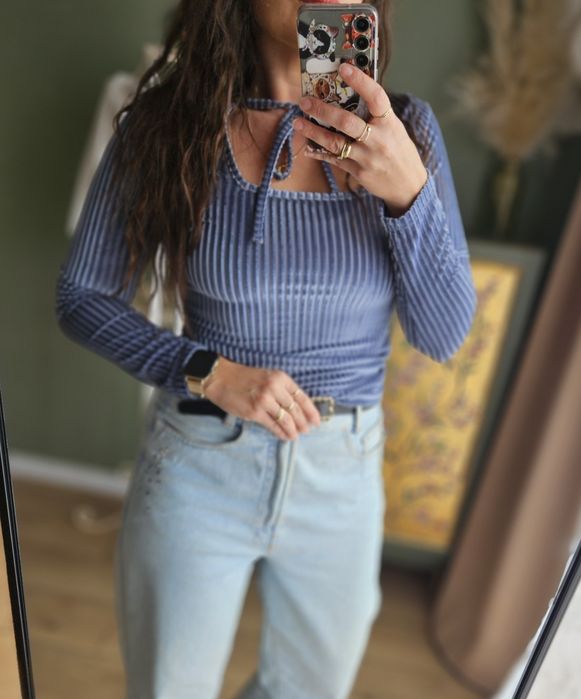 Elegancka Welurowa Bluzka damska Prążki Cut-Out Wiązanie Błękit S/M