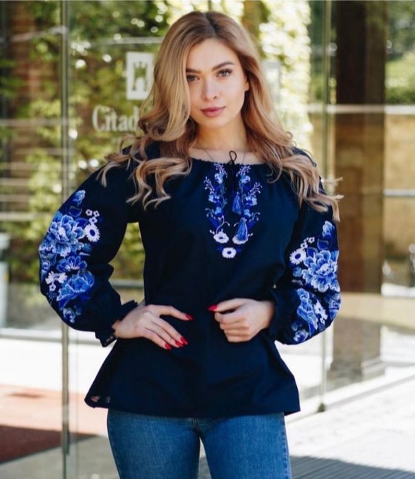 Вишиванка жіноча вишита сорочка класична біла синня S 42-44 Галичанка