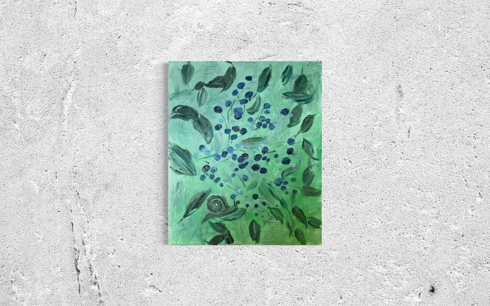 „Jagodowy Ogród” — olejny obraz, botaniczna abstrakcja 50x60