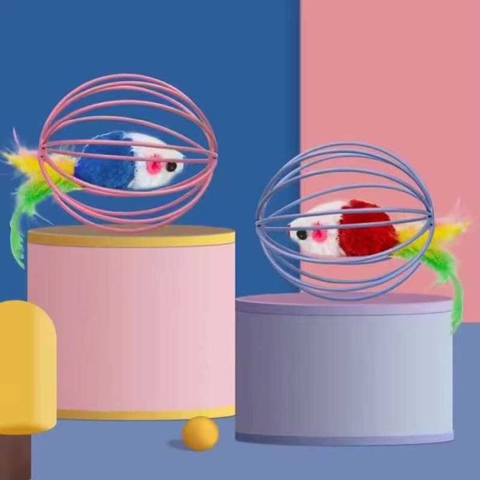 Іграшка з мишкою в металевій клітці для котів