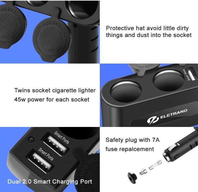 Eletrand 2-gniazdkowy adapter zapalniczki 12/24V DC dwa porty USB