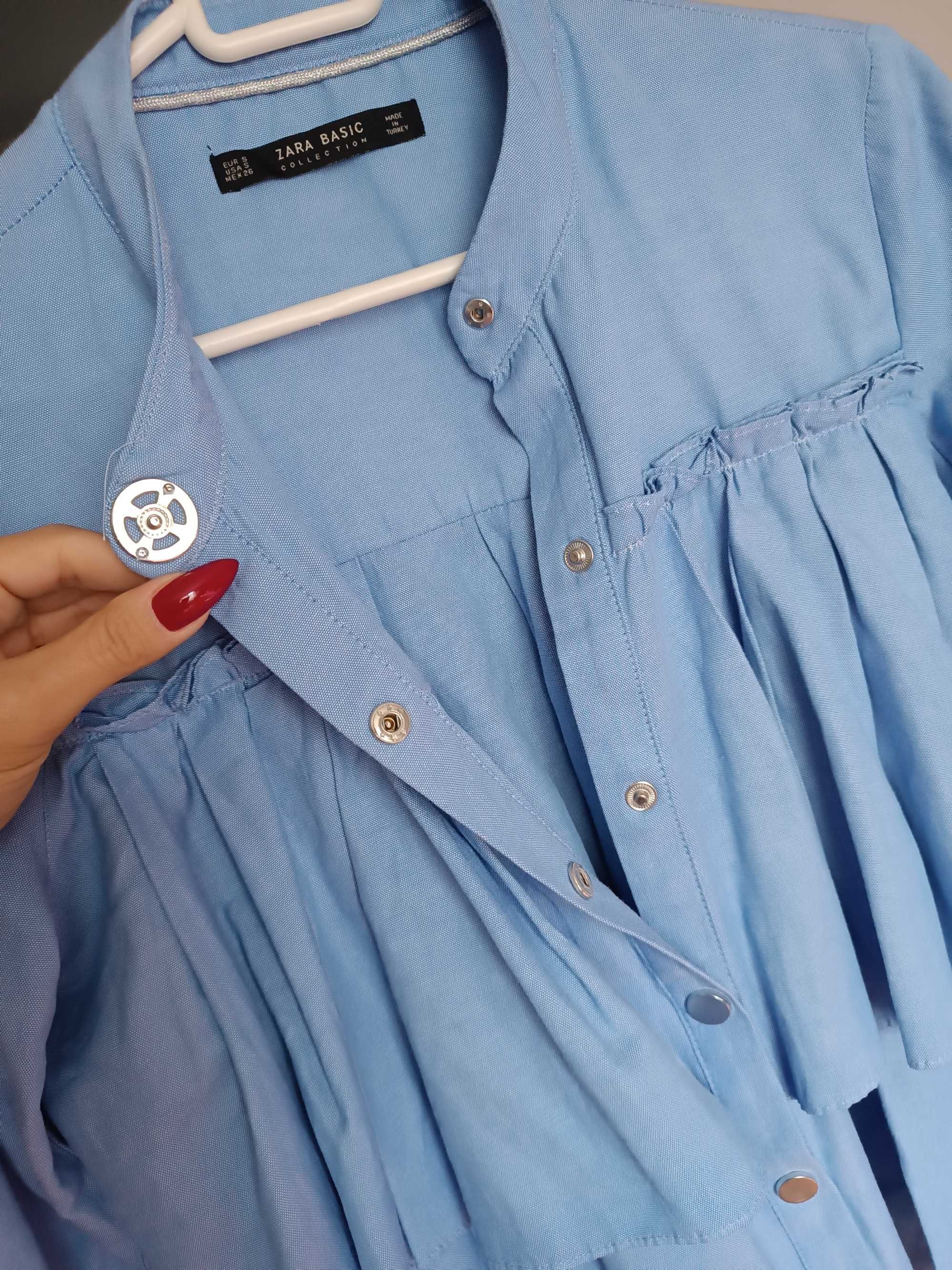Niebieska koszula z falbaną Zara Basic zatrzaski baby doll