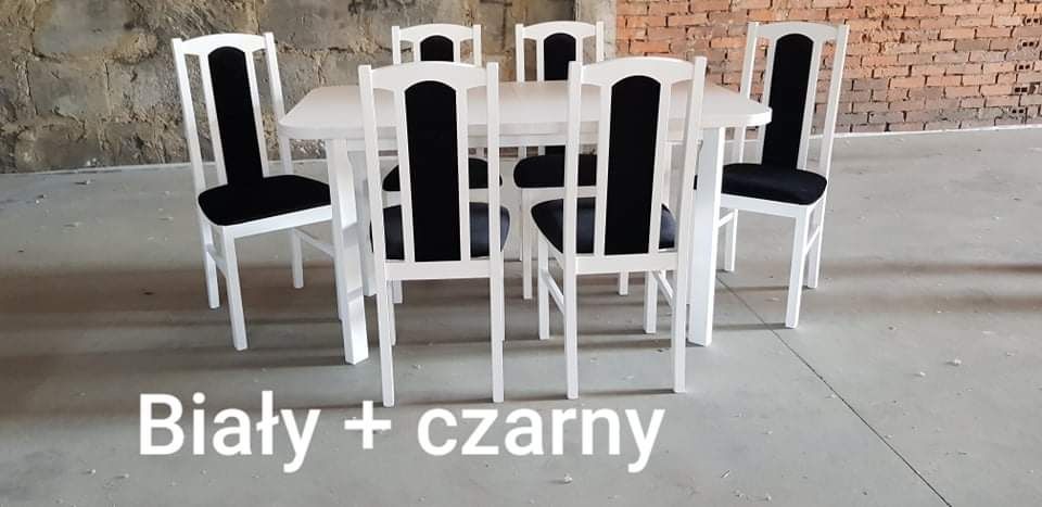 Nowe: Stół 80x140/180 + 6 krzeseł, biały + czarny , dostawa PL