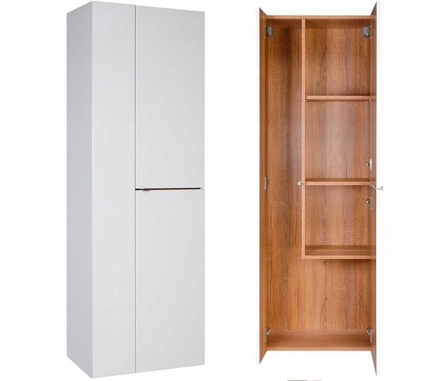 Słupek łazienkowy szafka wisząca na mopa 55cm biały połysk+ Dąb 160x55