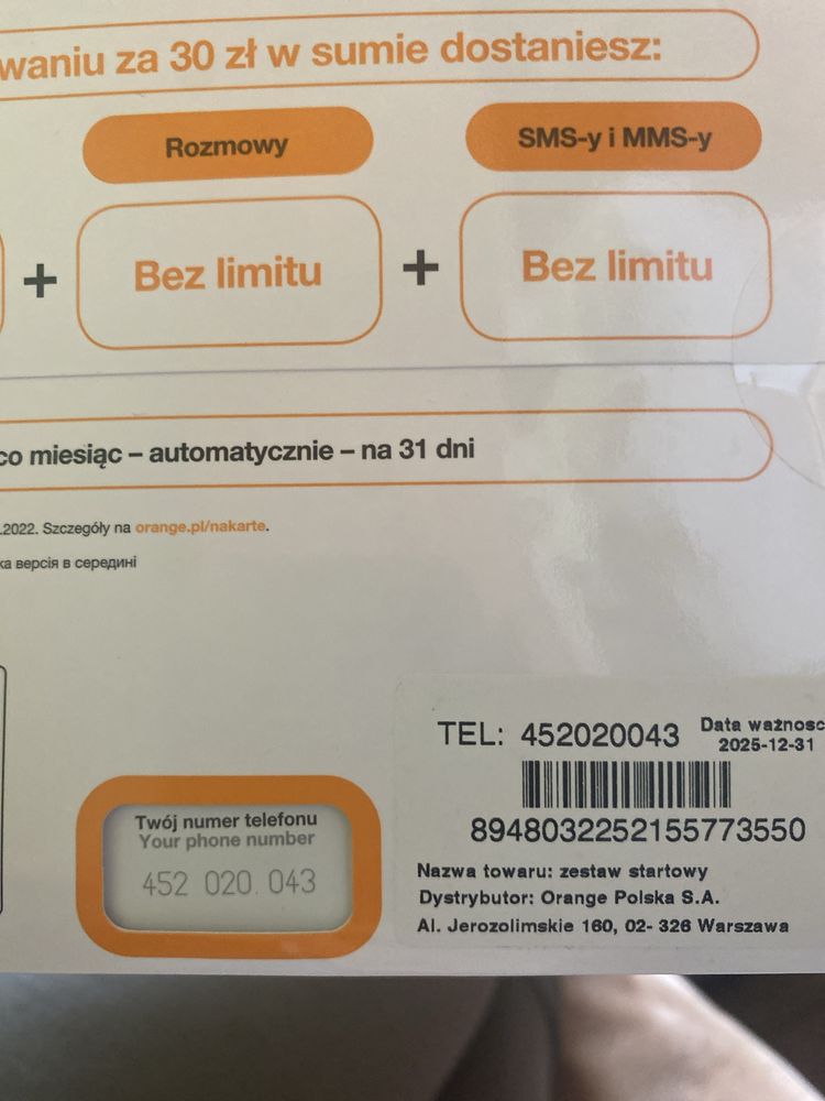 Zloty numer 45.2-020-0.43 niezarejstrowny ORANGE