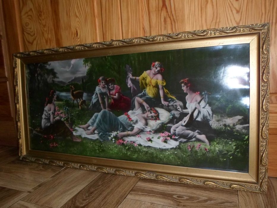 "Scena rodzajowa" - obraz, stary oleodruk w ramie drewnianej za szkłem