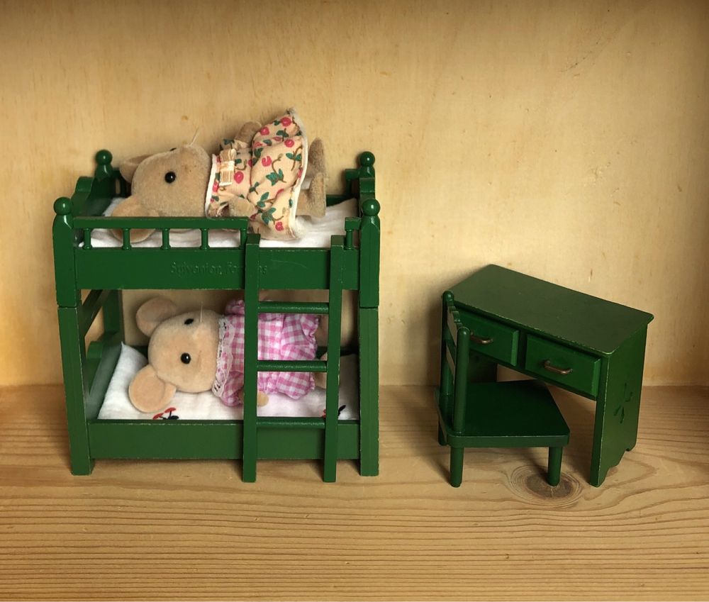 Sylvanian Families Epoch mebelki vintage zielone łóżko piętrowe biurko