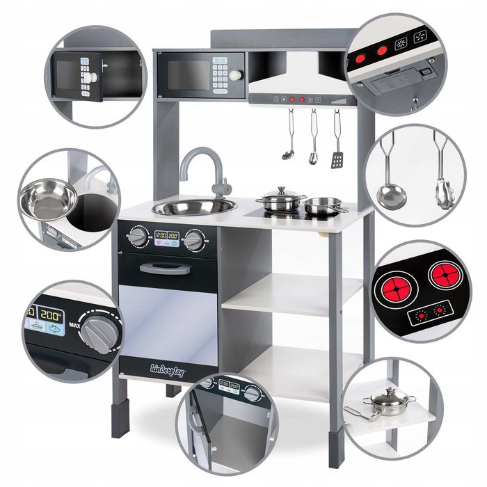 Drewniana kuchnia dla dzieci interaktywny okap akcesoria 100cm