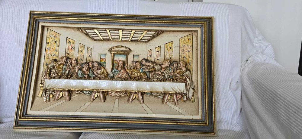Quadro Última Ceia (em madeira com figuras em relevo pintadas)