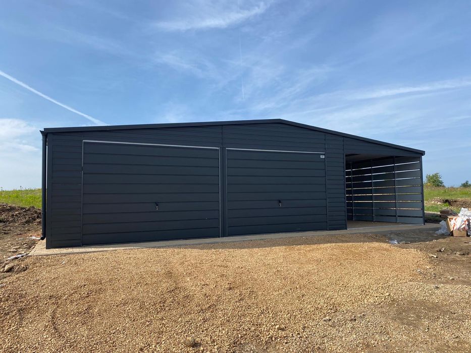 Garaż blaszany 6x5.8 plus wiata 3x5.8, grafit. Profil zamknięty.
