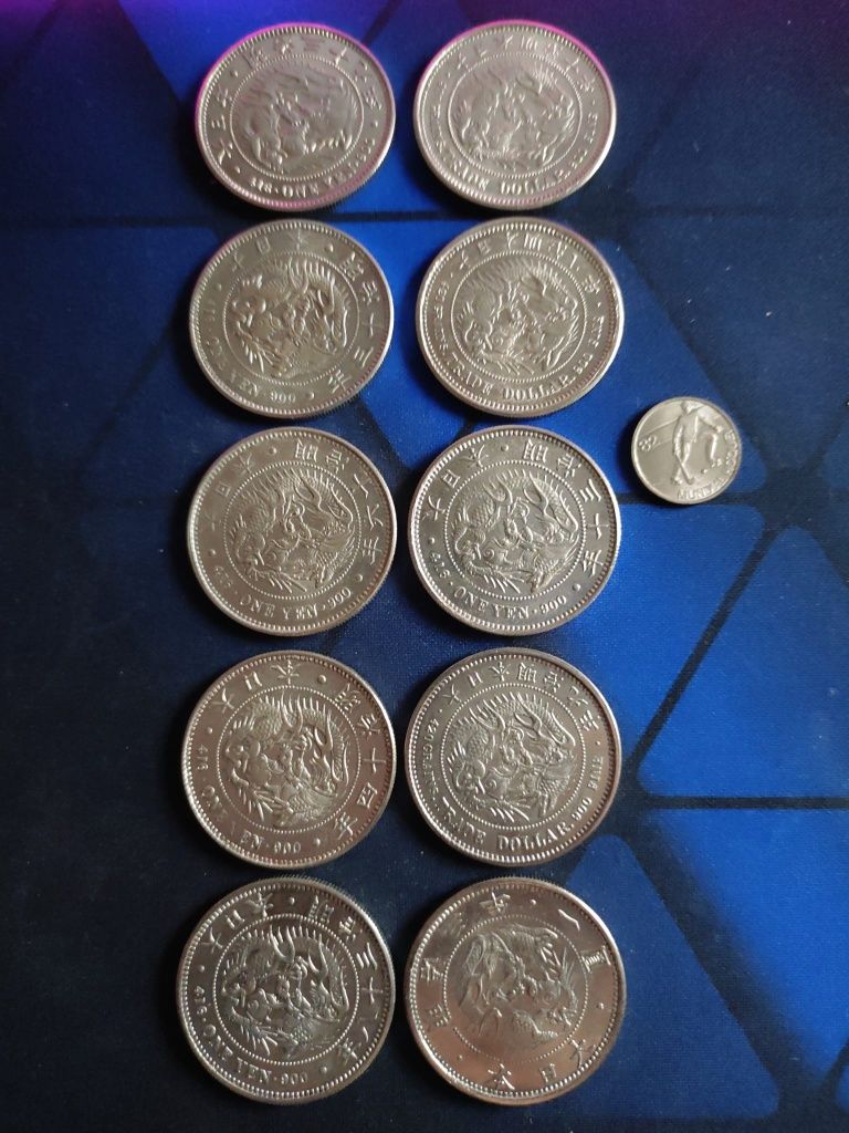 Coleção de moedas antigas, Yen, trade dollar, etc.