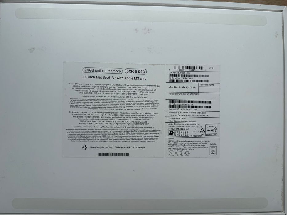 Macbook Air 13 cali, Apple M3 chip, 24GB RAM, 512 SSD Model 2024 A3113