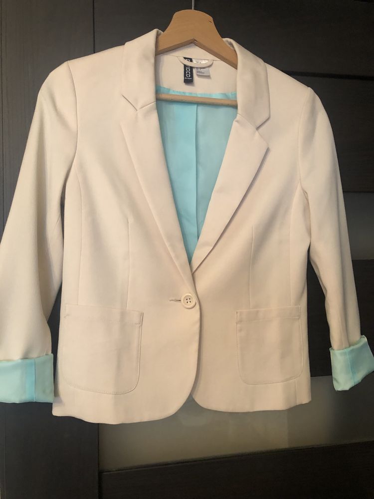Marynarka żakiet beżowa/ecru miętowa h&m 34 xs