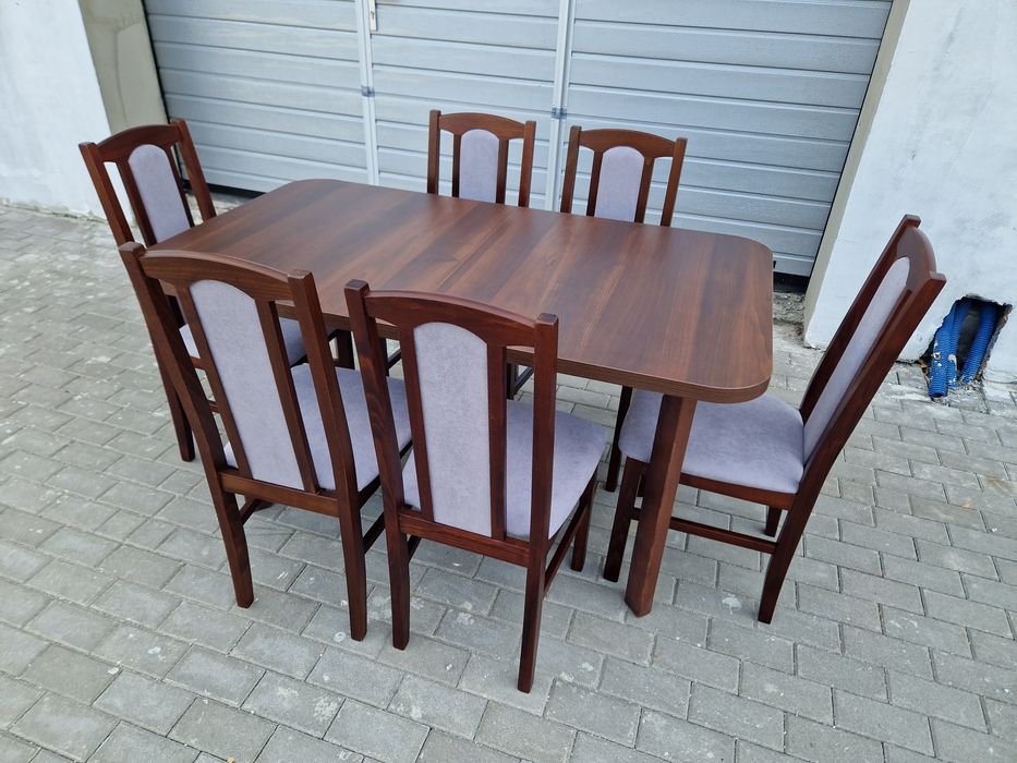 Nowe: Stół 80x140 rozkładany na 180 cm + 6 krzeseł, orzech + szary