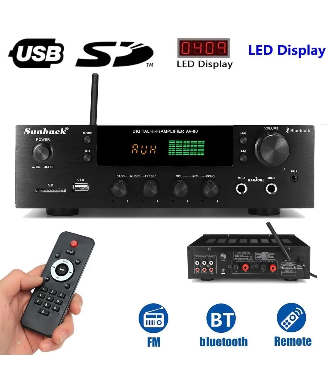 Wzmacniacz Sunbuck AV-80 BT, USB 200W KARAOKE FM